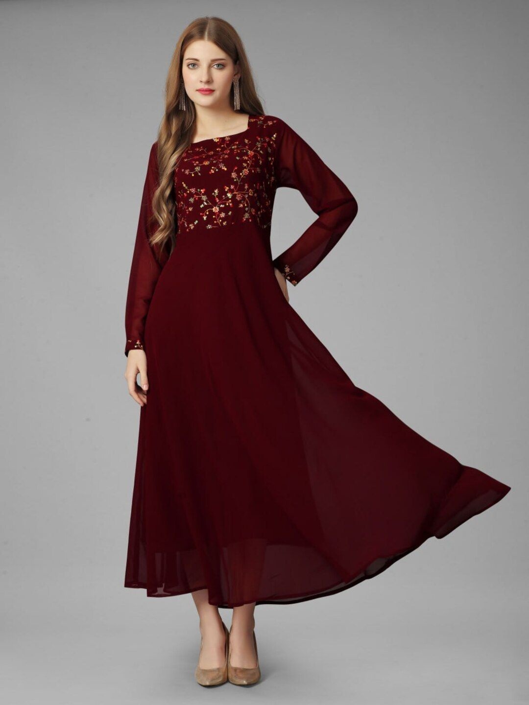 

SHIJILA Floral Embroidered Fit & Flared Maxi Dress, Maroon