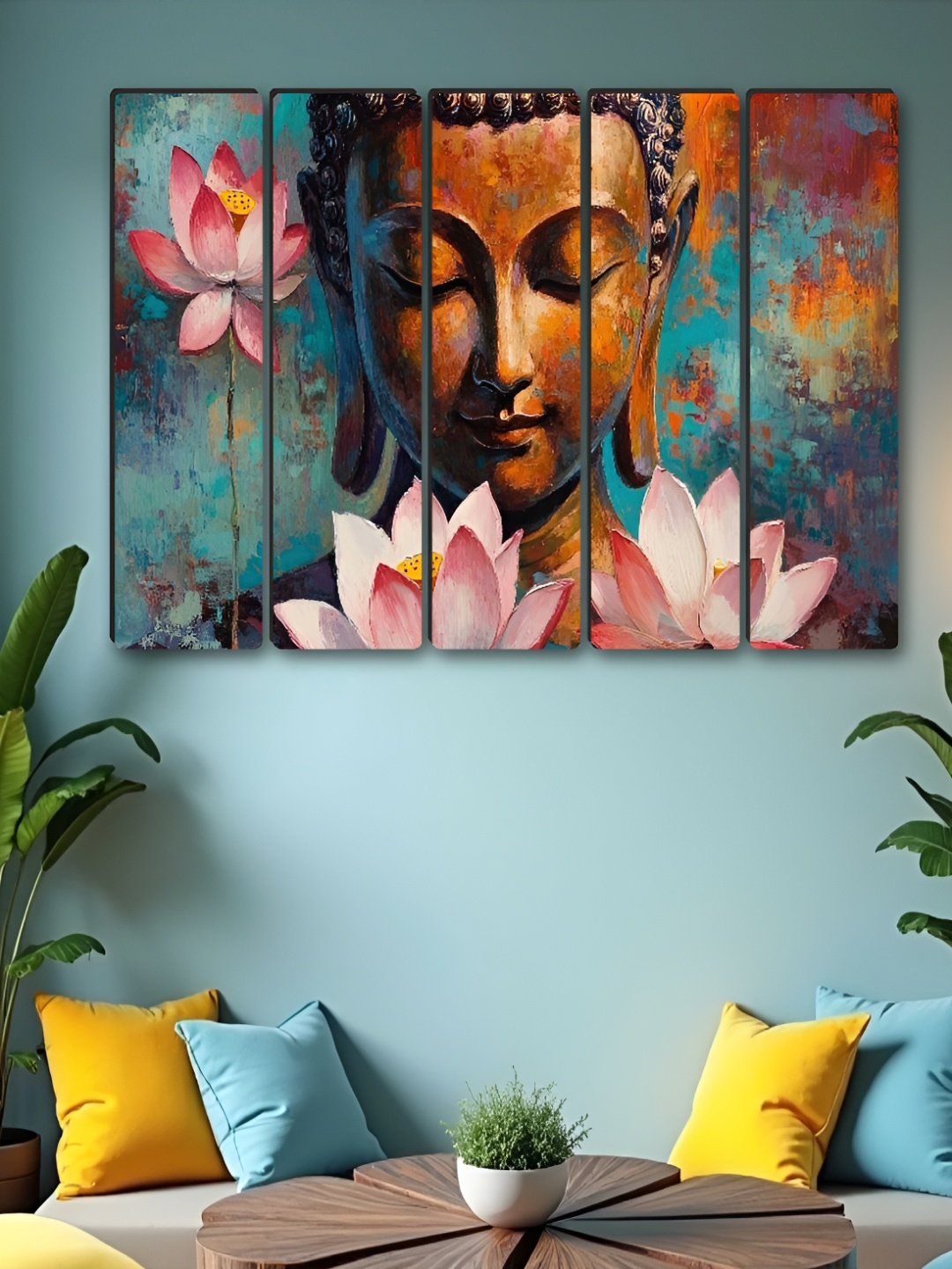 

SAF Blue & Pink 5 Pieces Buddha religious Synthetic Wood Wall Paintings
