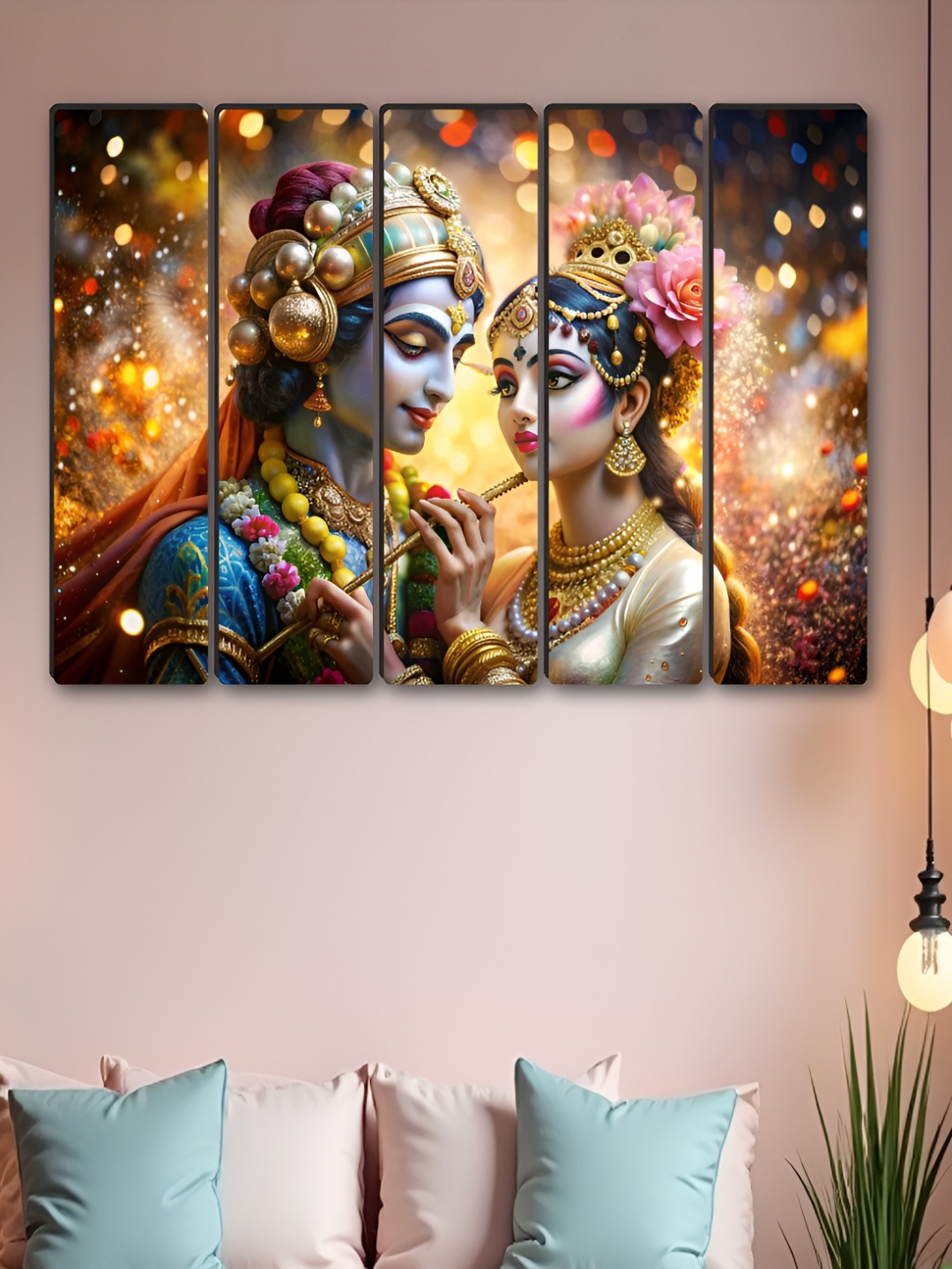 

SAF Blue & White 5 Pieces Radha Krishna Religious Synthetic Wood Wall Paintings