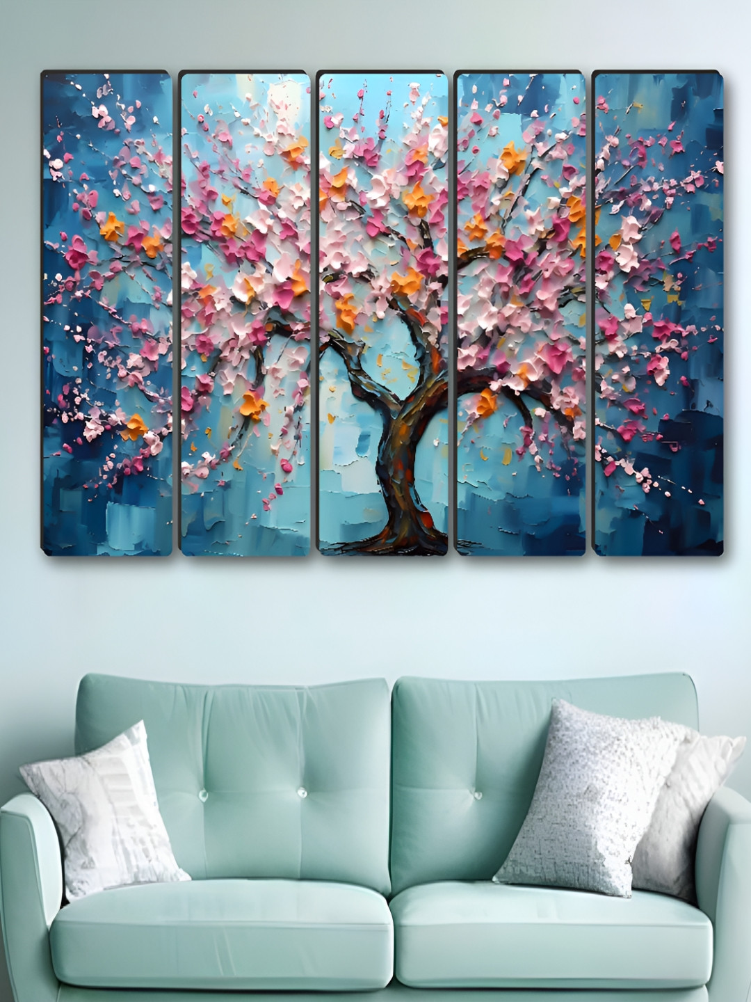 

SAF Blue & Brown 5 Pieces Tree modern Art Synthetic Wood Wall Paintings