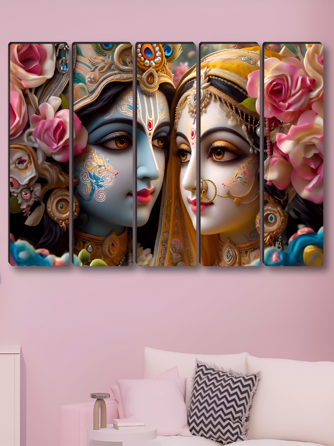 

SAF Blue & Pink 5 Pieces Radha Krishna Religious Synthetic Wood Wall Paintings