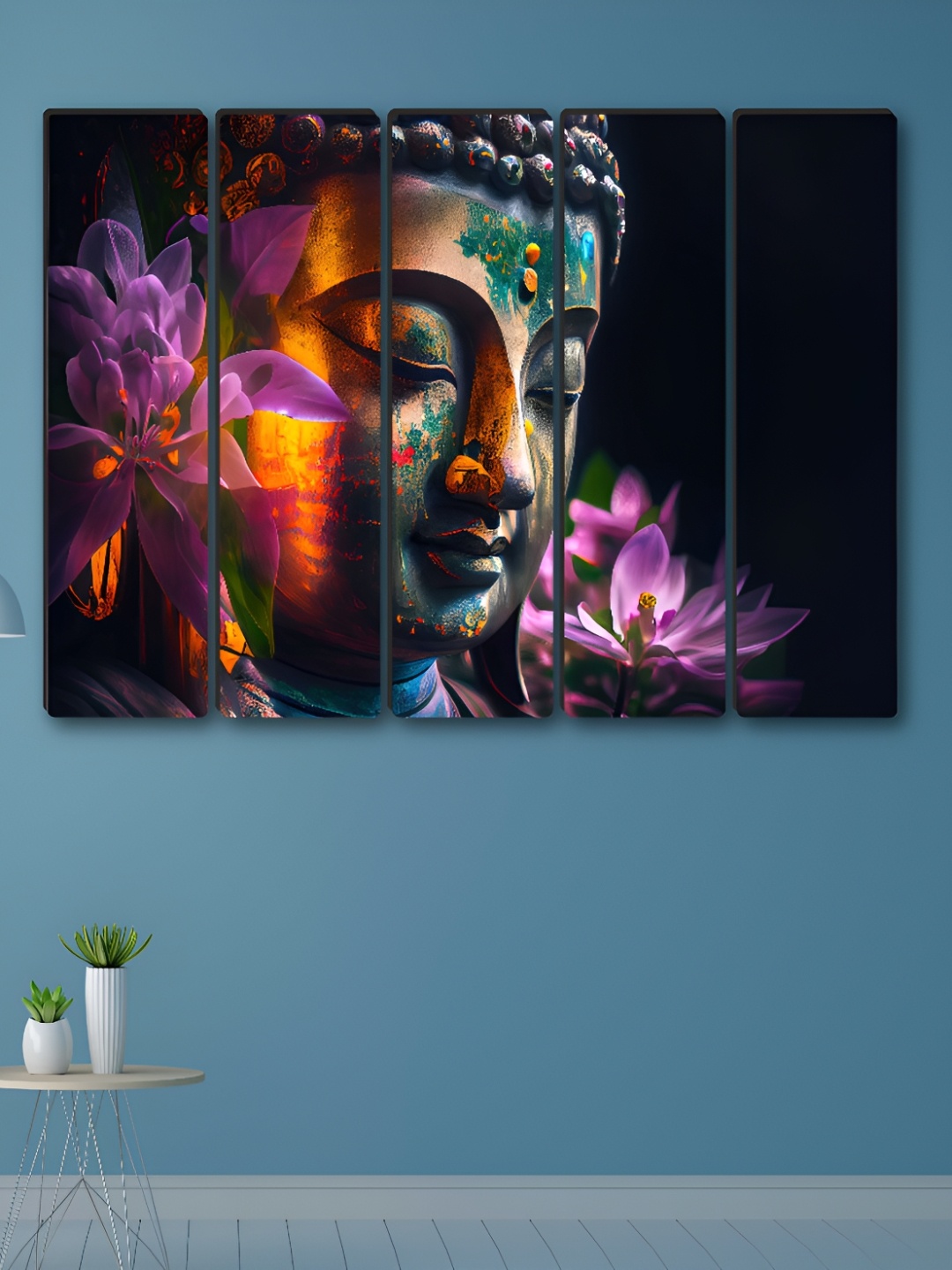 

SAF Black & Orange 5 Pieces Buddha Religious Synthetic Wood Wall Paintings