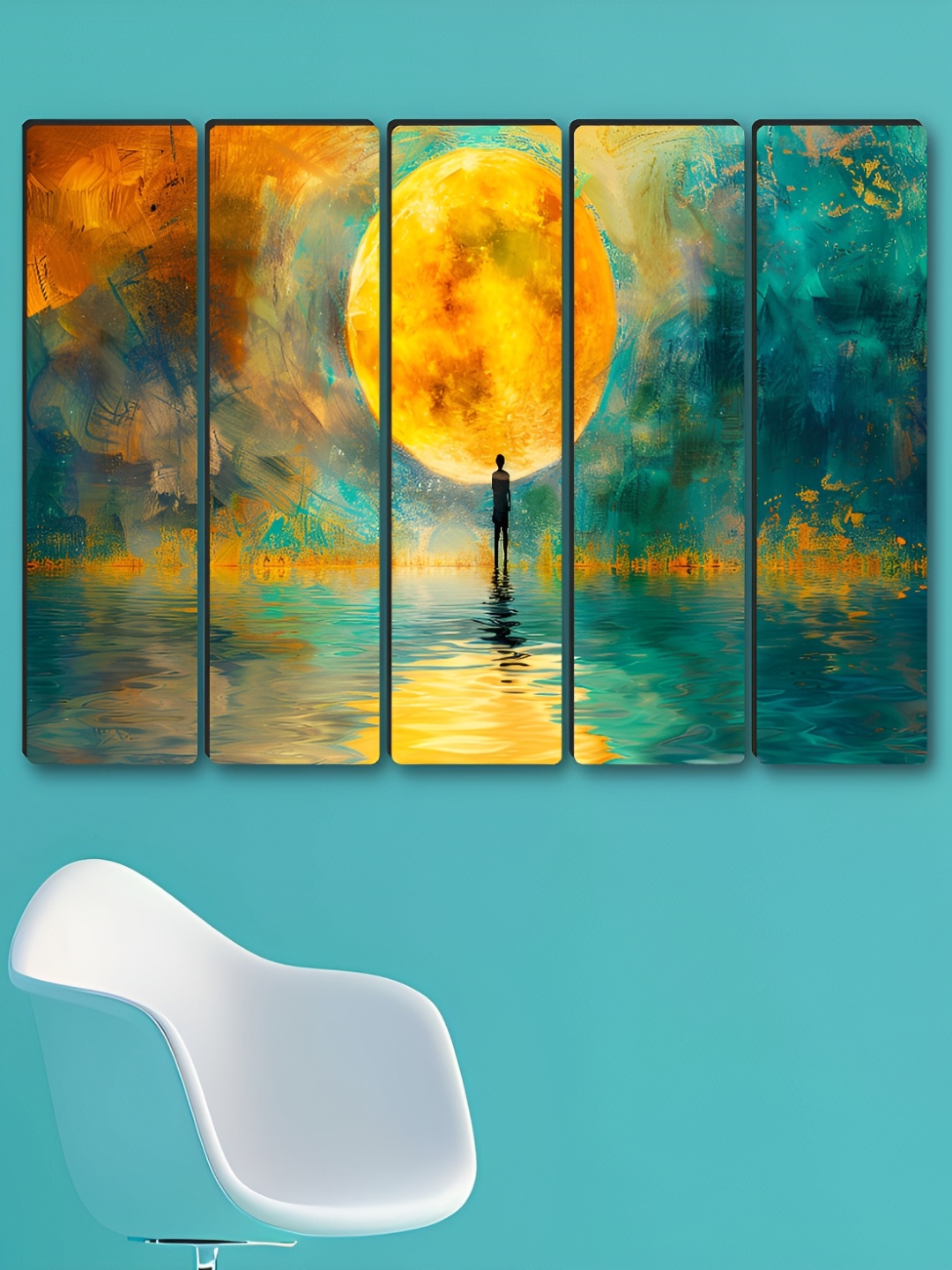 

SAF Blue & Yellow 5 Piece Abstract Synthetic Wood Wall Paintings