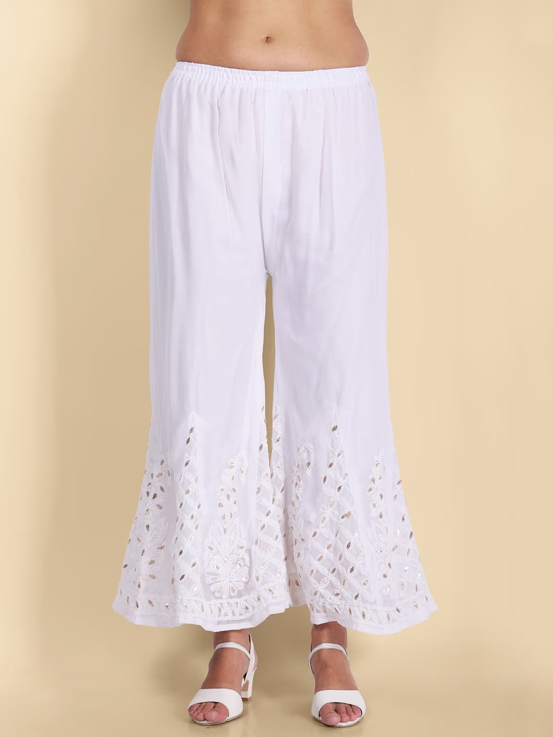 

ADR CHIKAN Women Embroidered Flared Palazzos, White