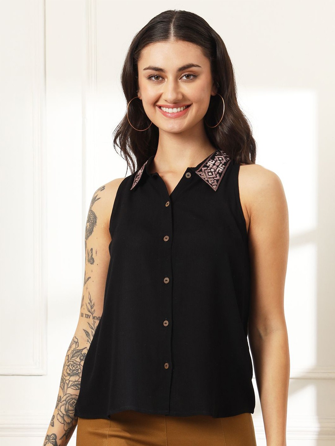 

Anouk Rustic Embroidered Shirt Style Top, Black