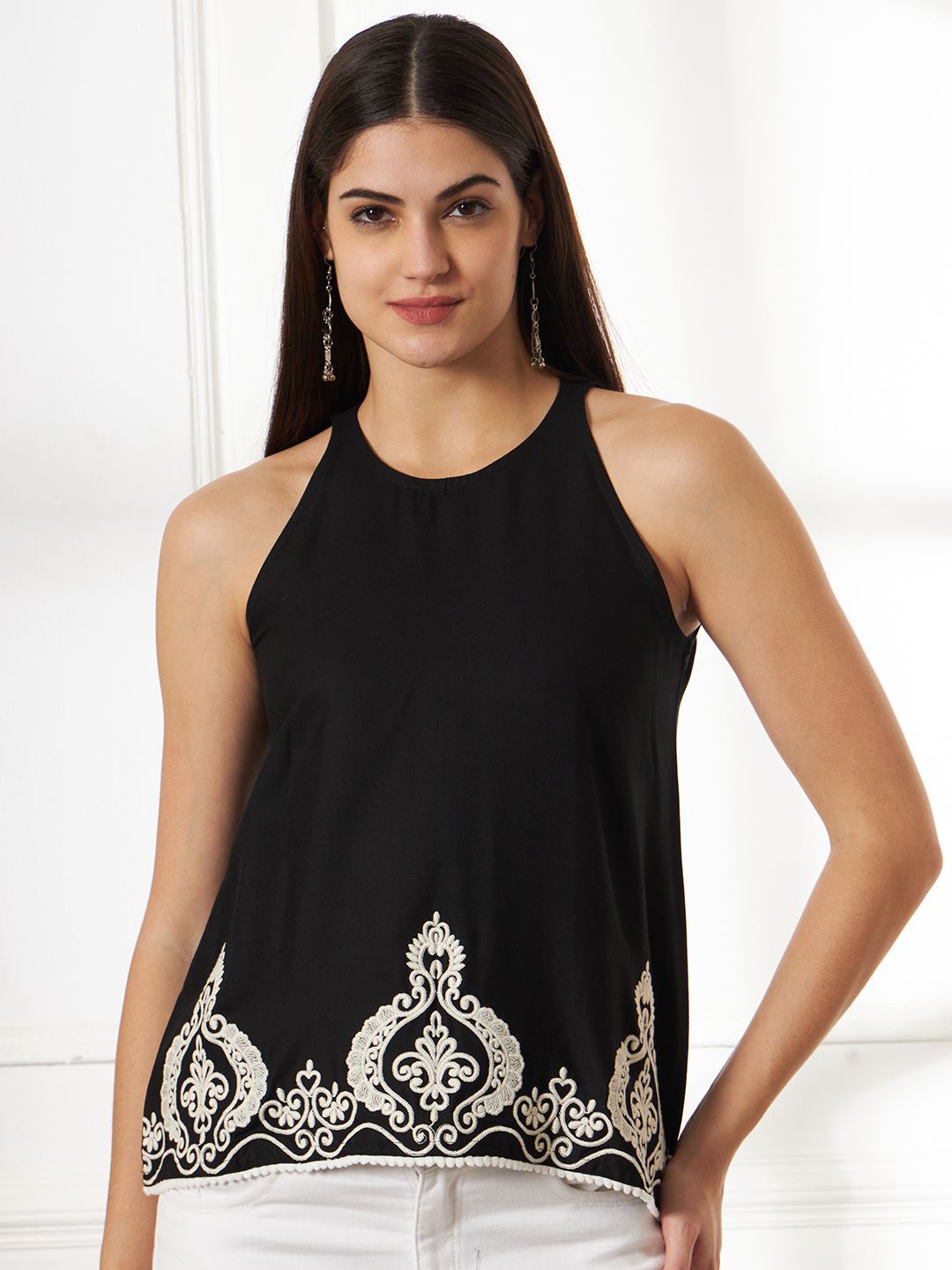 

Anouk Rustic Embroidered Round Neck A-Line Top, Black