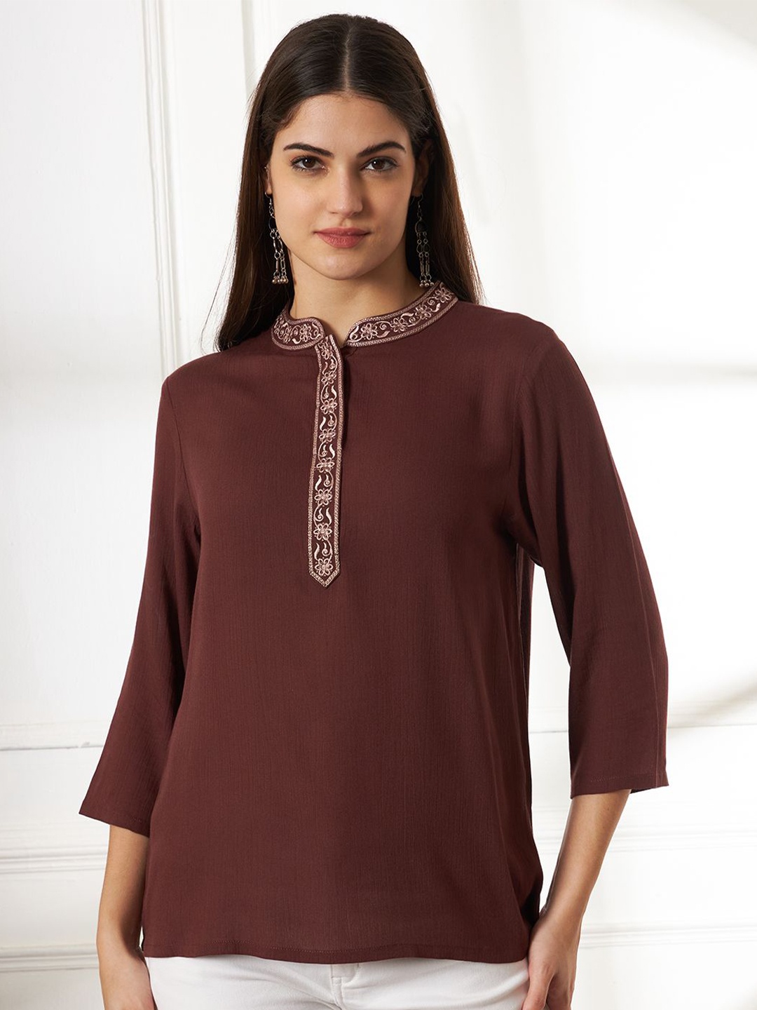 

Anouk Rustic Mandarin Collar Embroidered Top, Brown