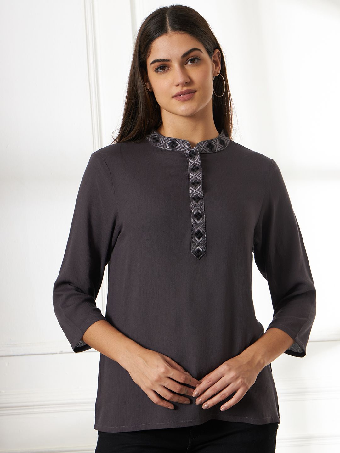 

Anouk Rustic Mandarin Collar Embroidered Top, Grey