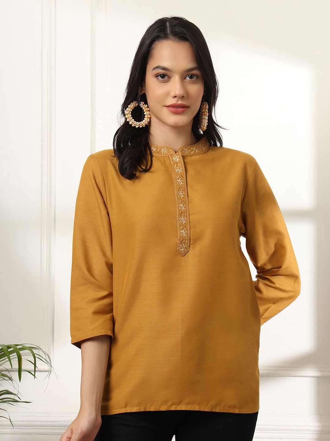 

Anouk Rustic Mandarin Collar Embroidered Top, Mustard