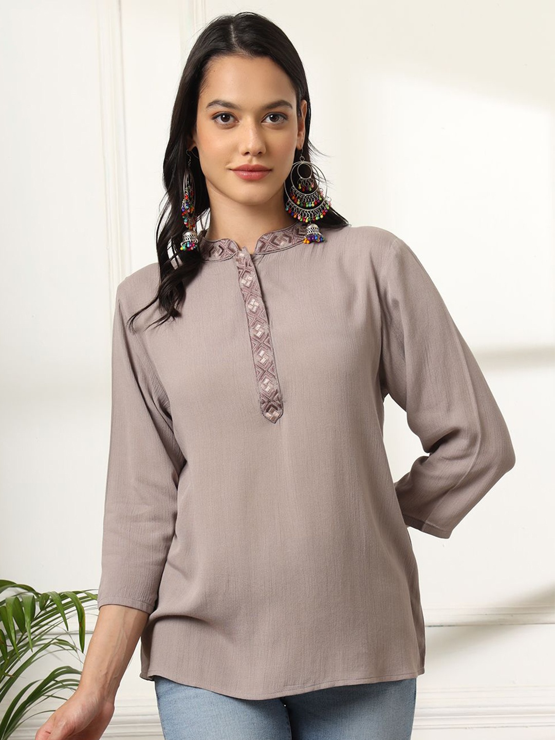 

Anouk Rustic Mandarin Collar Embroidered Top, Grey