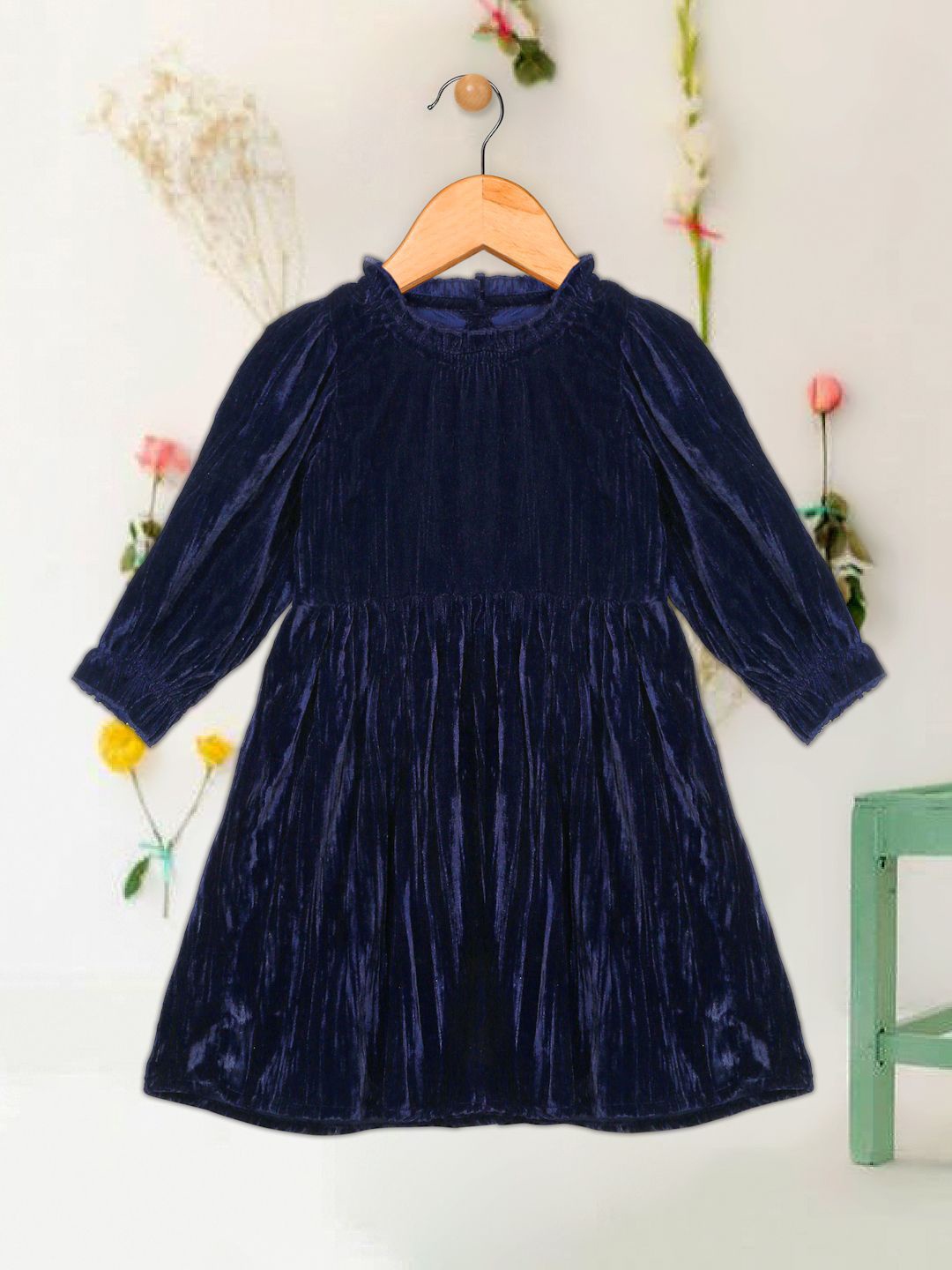 

SAKA DESIGNS Girls Velvet Fit & Flare Dress, Navy blue