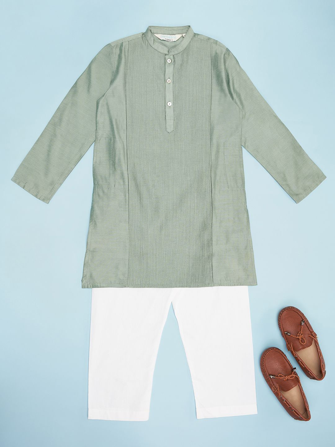 

indus route by Pantaloons Boys Striped Boys Mandarin Collar Straight Kurta With Pajmas, Olive