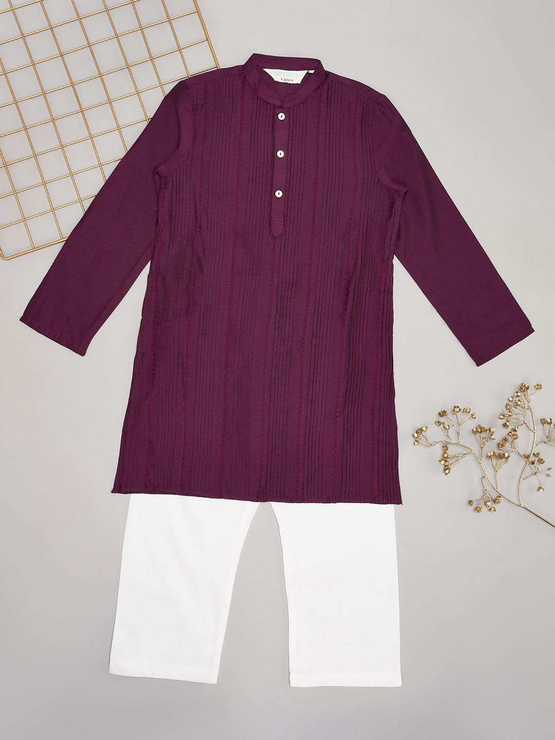 

indus route by Pantaloons Boys Striped Mandarin Collar Straight Kurta With Pyjamas, Purple