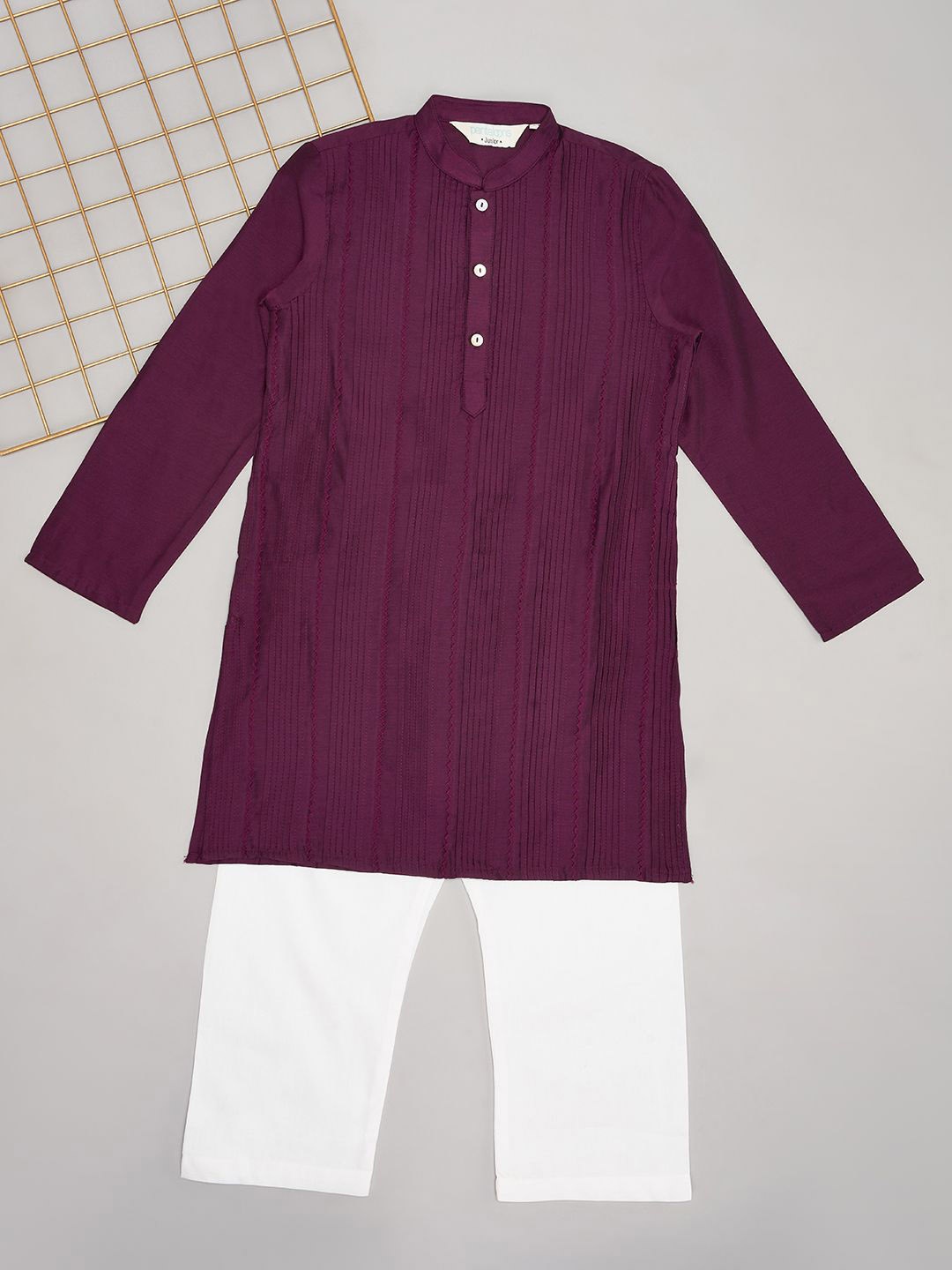 

indus route by Pantaloons Boys Striped Boys Mandarin Collar Straight Kurta With Pajmas, Purple