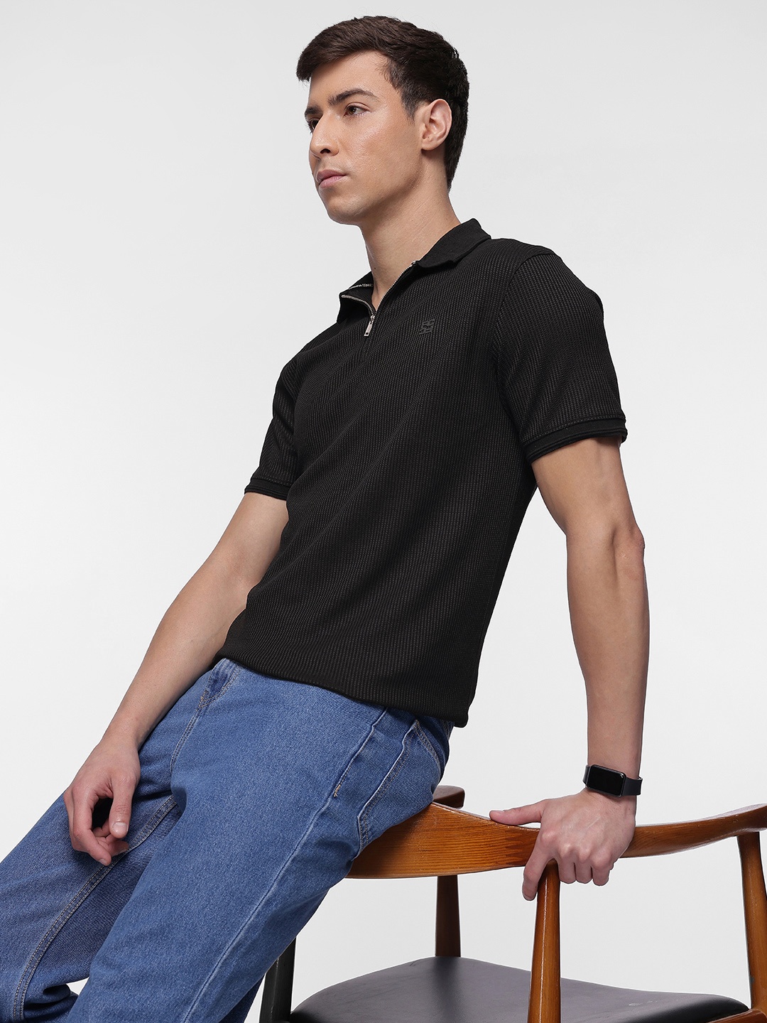 

French Connection Self-Design Textured Polo Collar T-shirt, Black