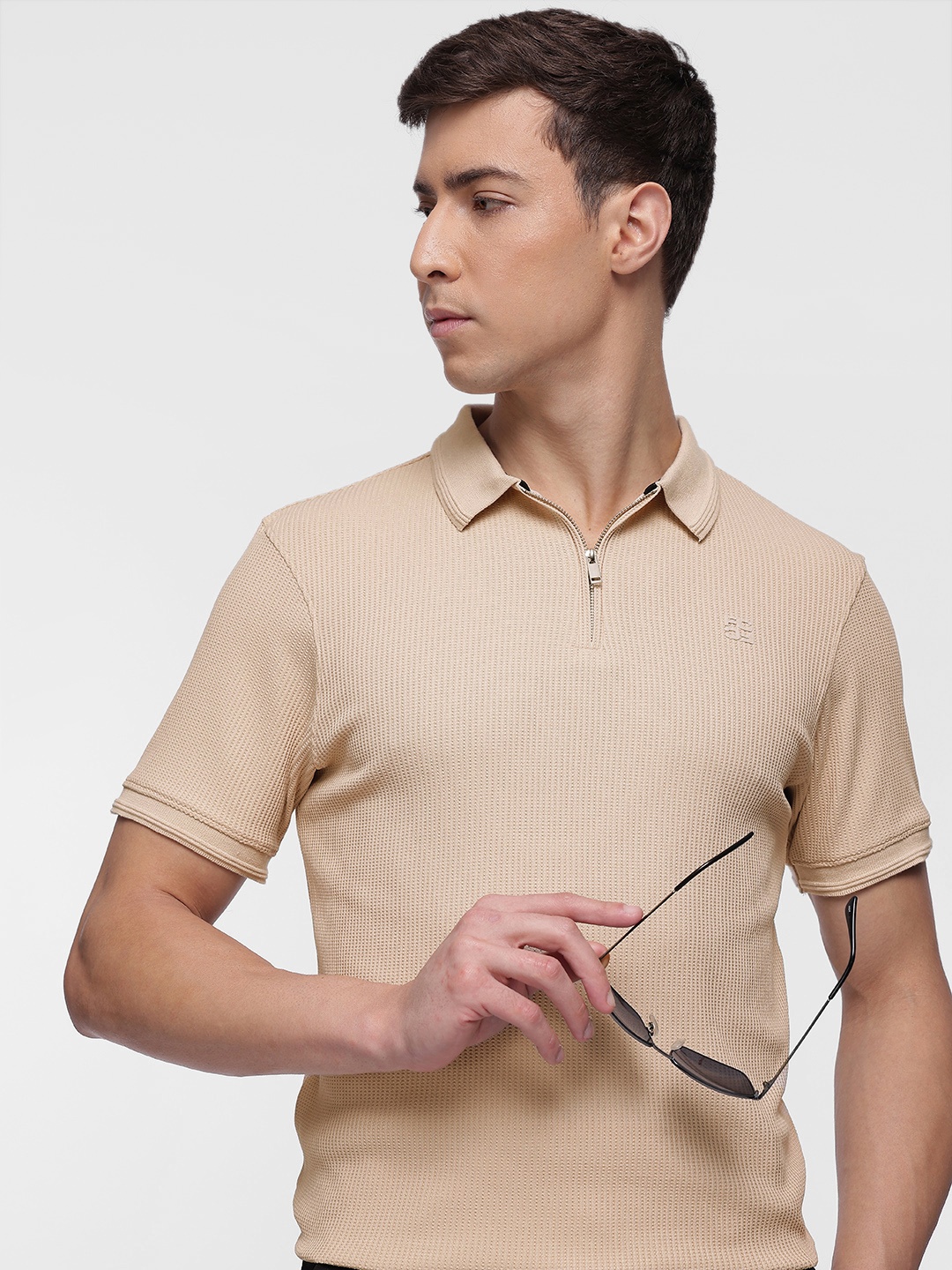 

French Connection Self-Design Textured Polo Collar T-shirt, Beige