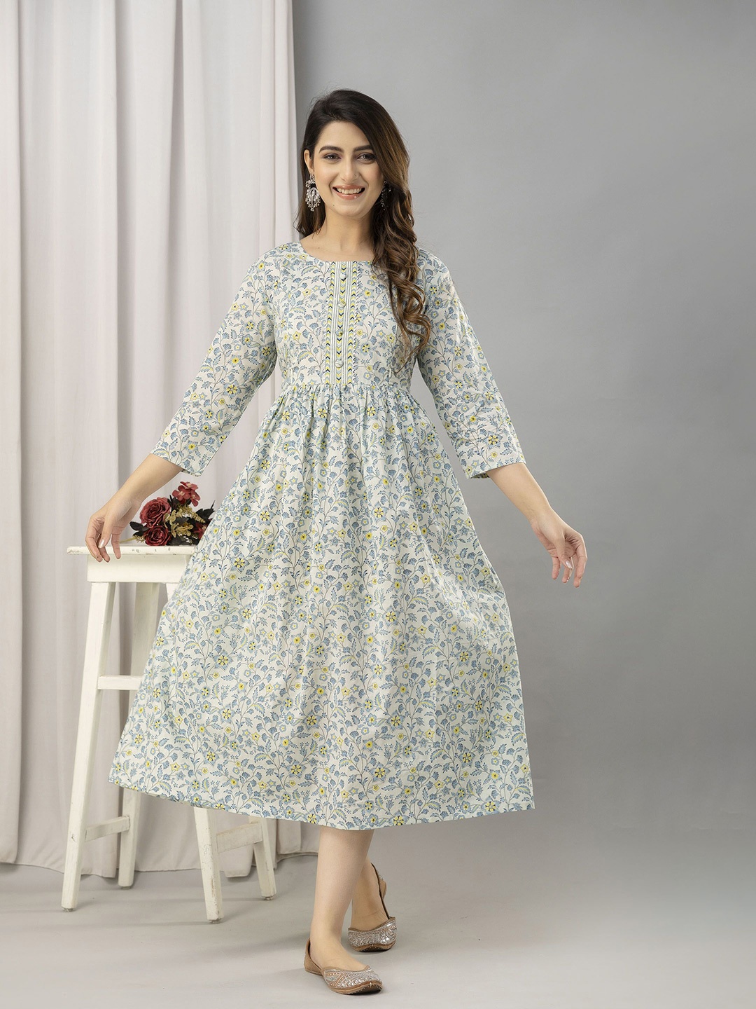 

FrionKandy Floral Printed Maternity Fit and Flare Midi Cotton Dress, Turquoise blue