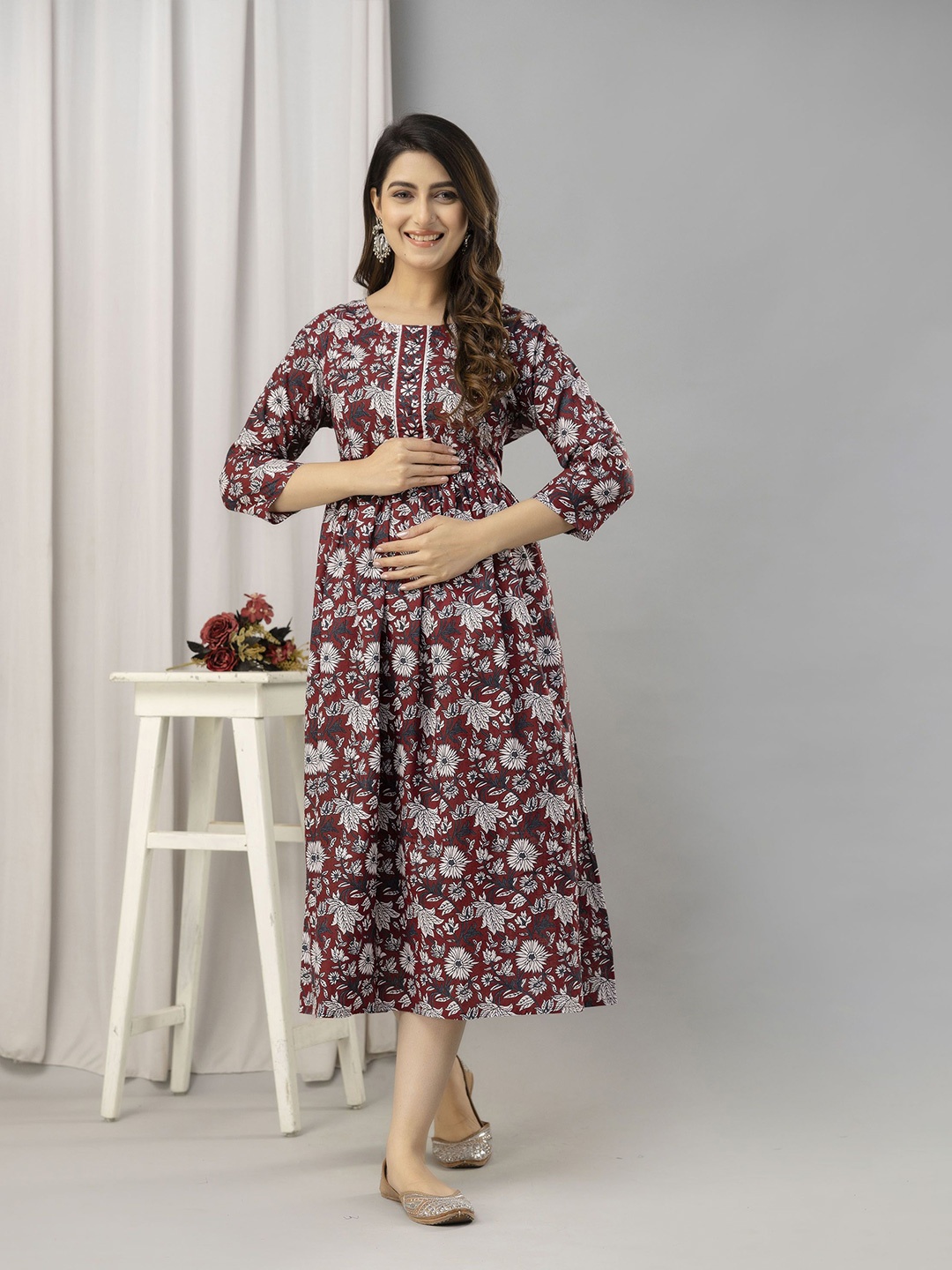 

FrionKandy Women Cotton Floral Printed Maternity Fit and Flare Midi Dress, Maroon
