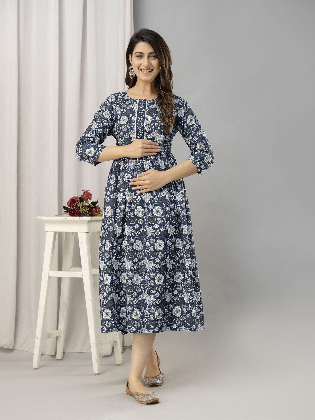 

FrionKandy Women Floral Printed Maternity Cotton Fit and Flare Midi Dress, Blue