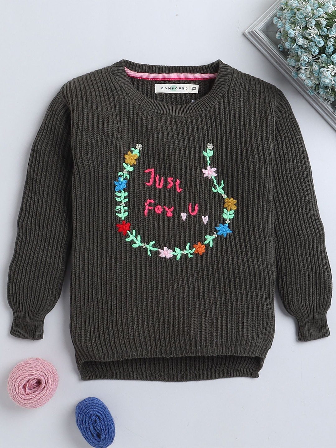 

Yellow Apple Girls Embroidered Pullover, Black