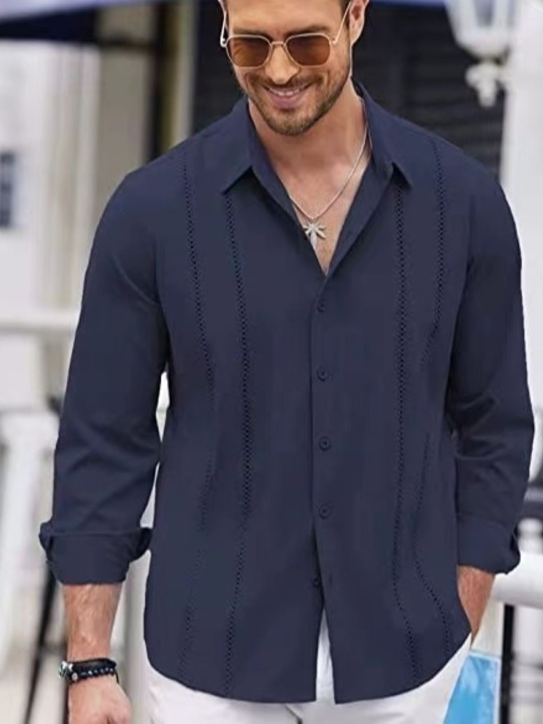 

StyleCast Men Original Fit Spread Collar Textured Casual Shirt, Navy blue