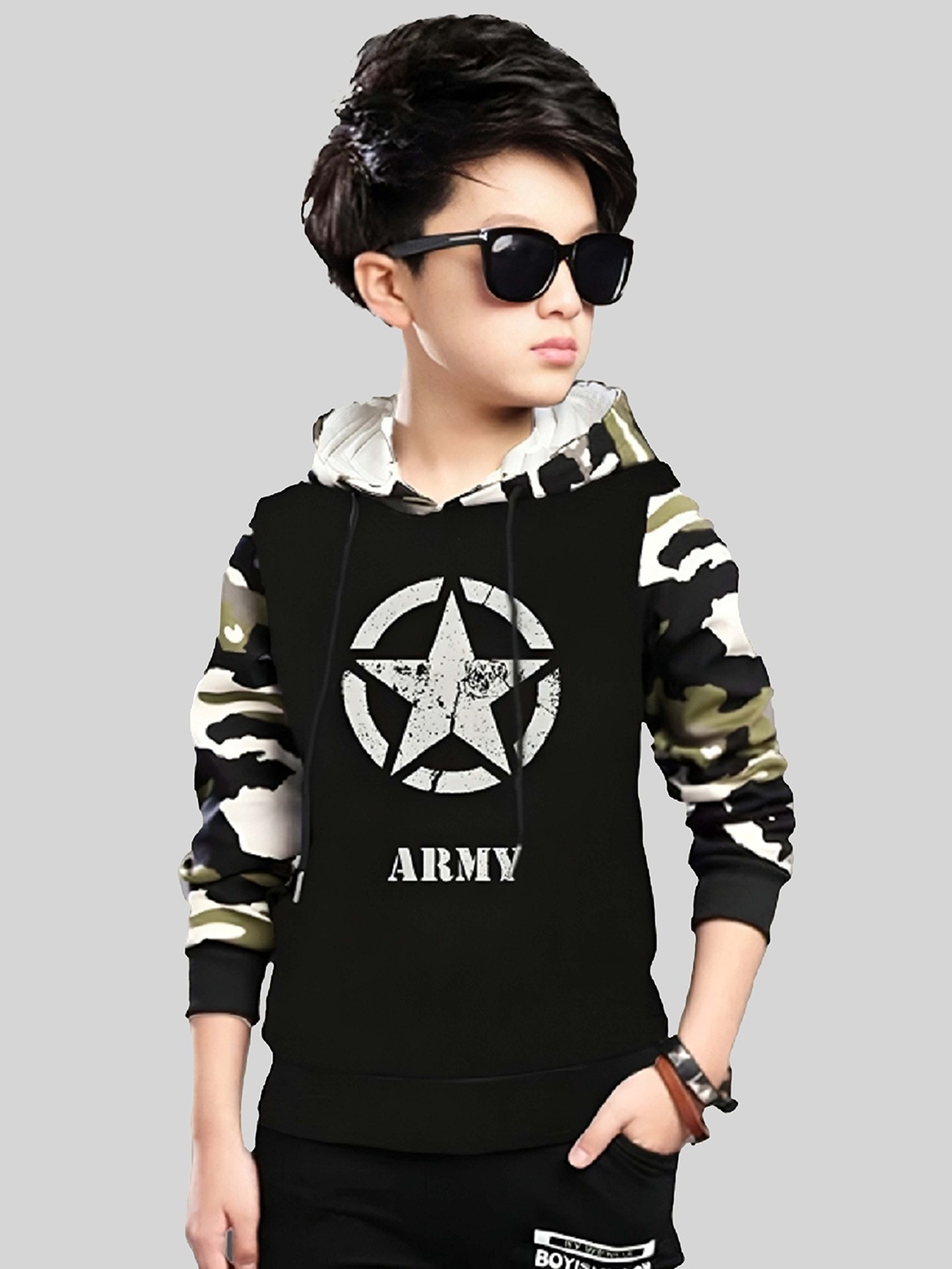 

Dagcros Boys Camouflage Printed Hooded Pure Cotton Casual Sweatshirt, Black