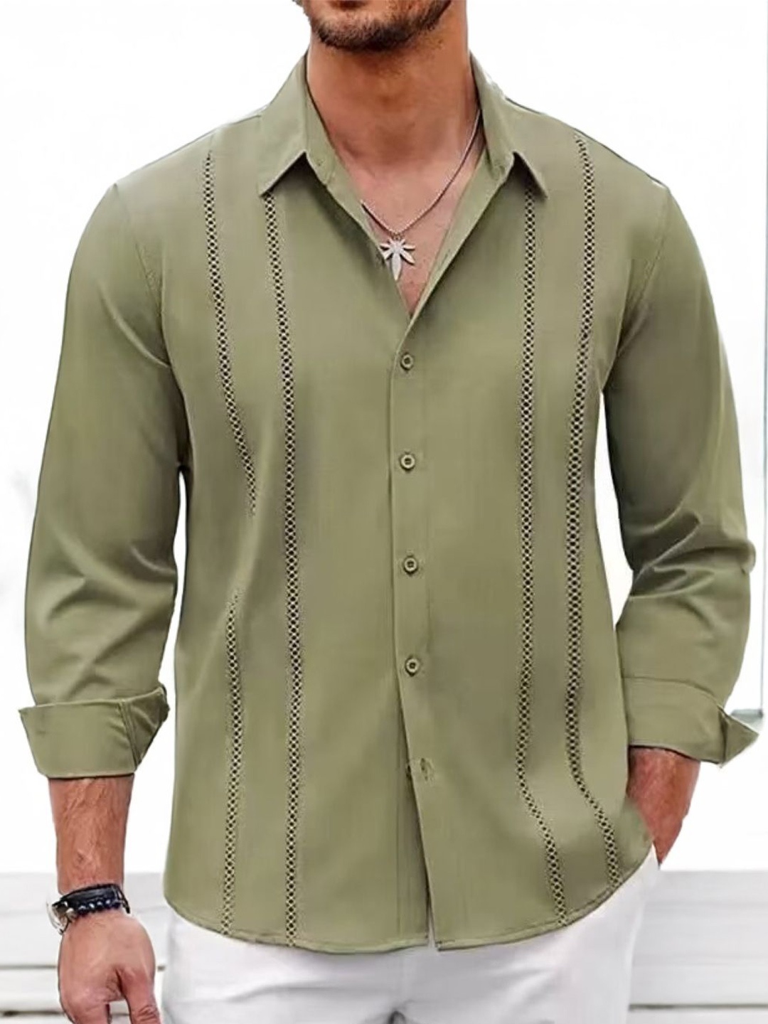 

StyleCast Men Original Fit Spread Collar Textured Casual Shirt, Olive