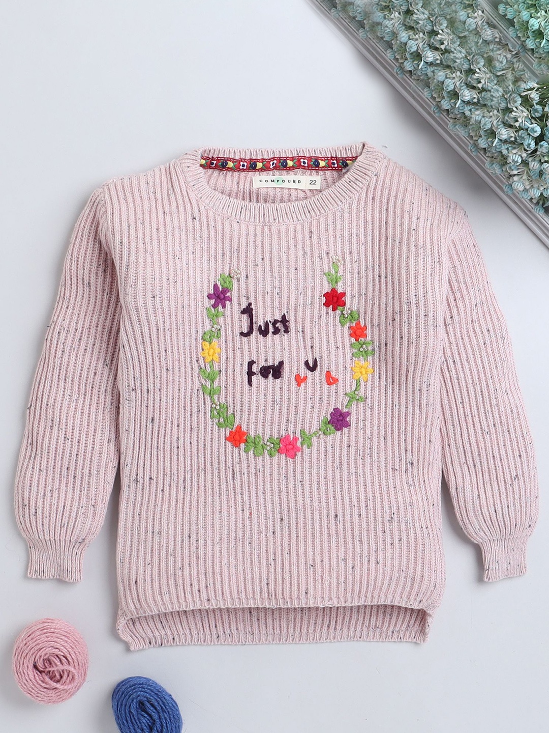 

Yellow Apple Girls Embroidered Woollen Pullover with Inner Fleece, Pink