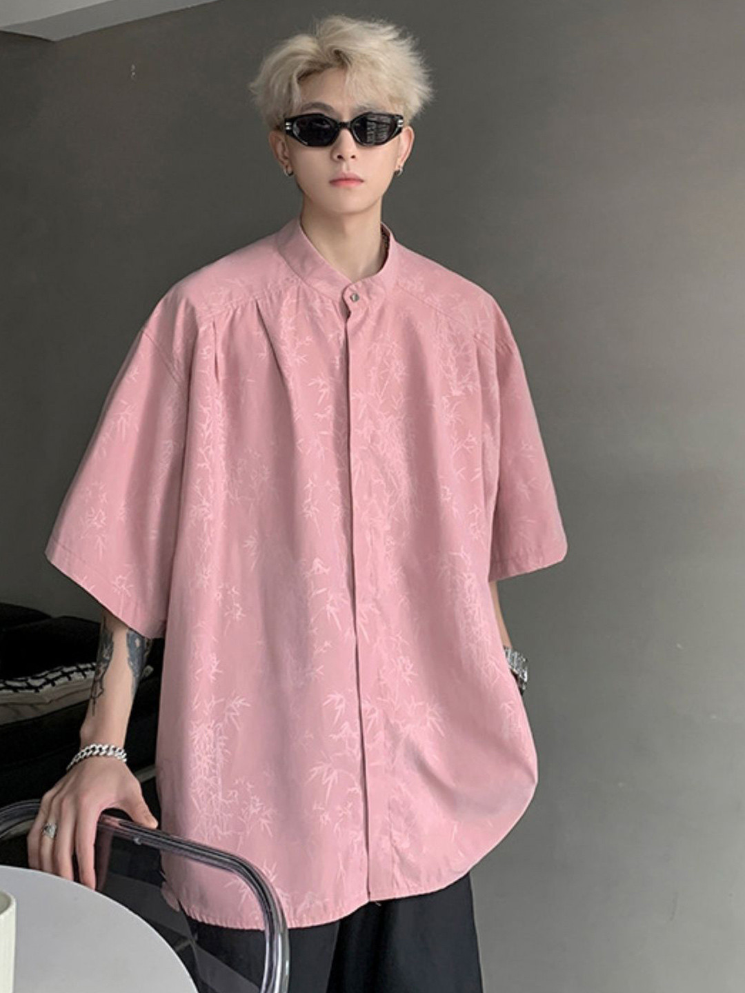 

StyleCast Men Original Oversized Fit Band Collar Floral Printed Casual Shirt, Pink