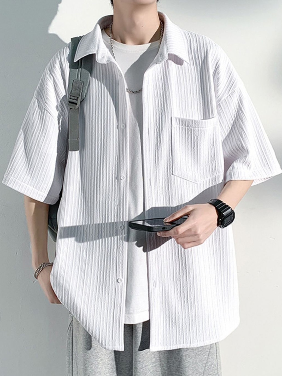 

StyleCast Men Original Oversized Fit Spread Collar Textured Casual Shirt, White