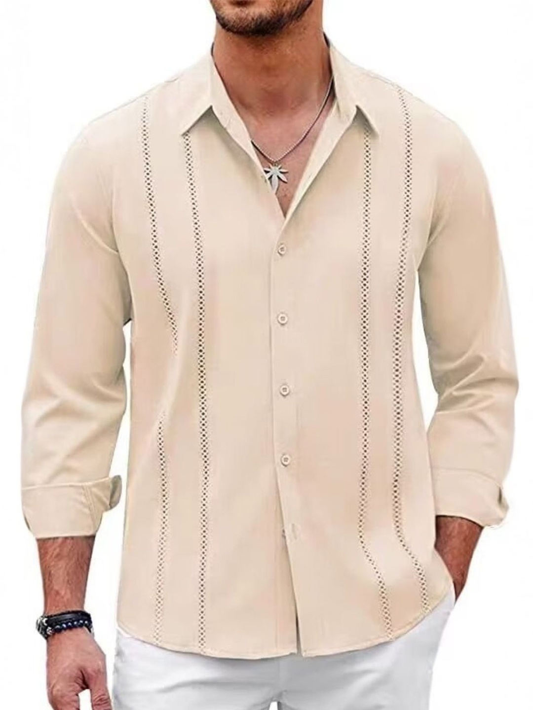 

StyleCast Men Original Fit Spread Collar Textured Casual Shirt, Beige