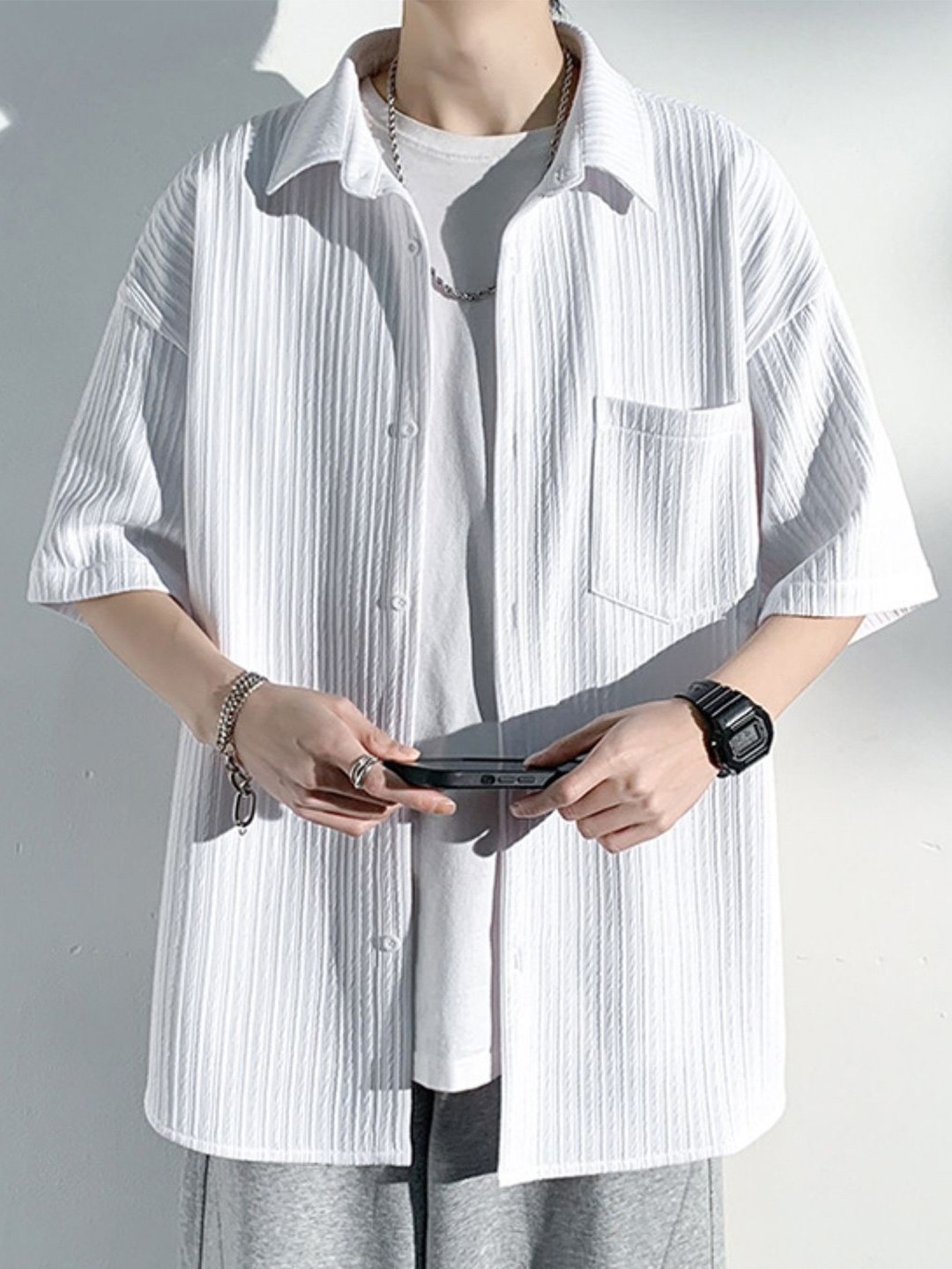 

StyleCast Men Original Oversized Fit Spread Collar Textured Casual Shirt, White
