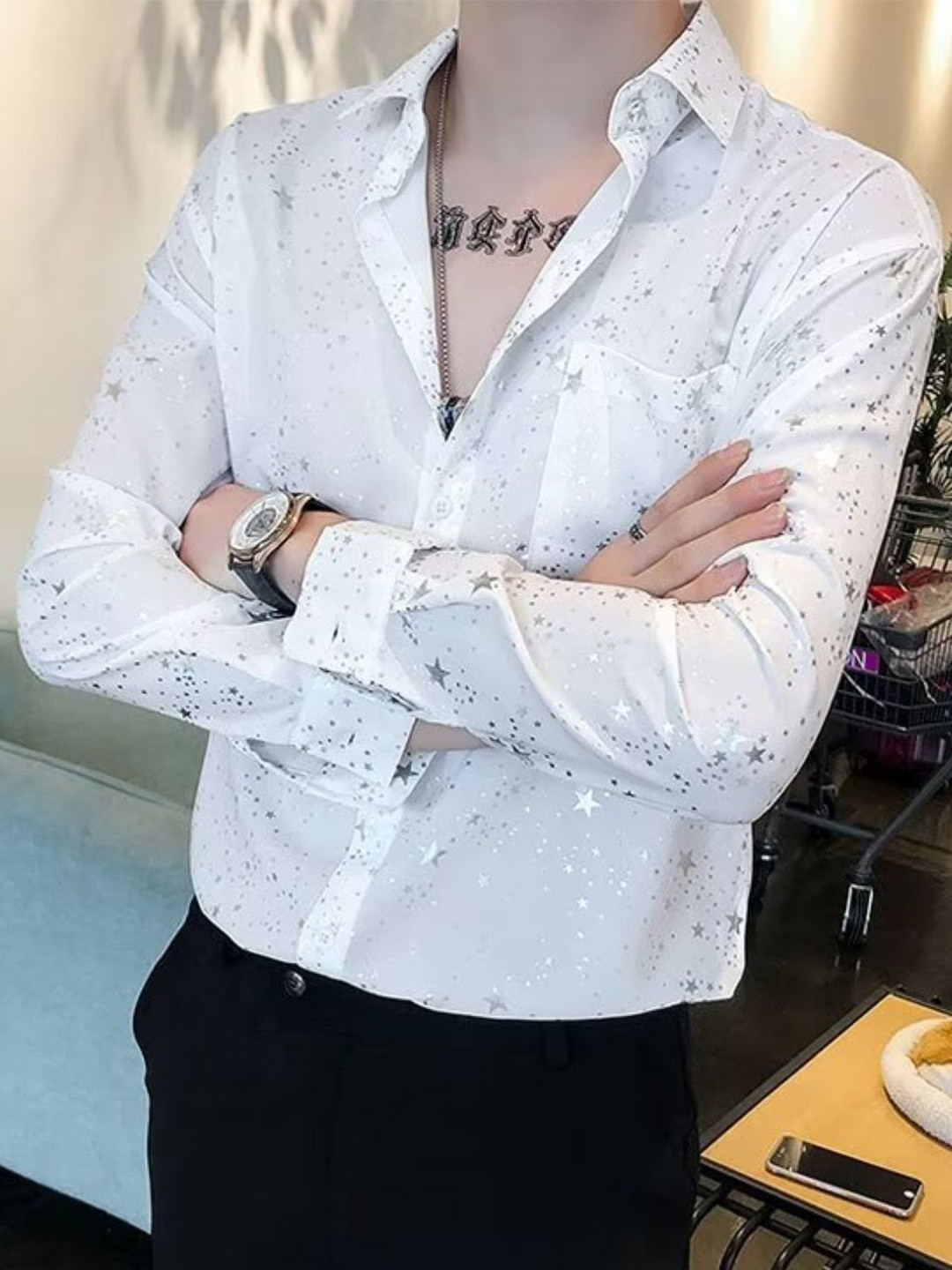 

StyleCast Men Original Fit Spread Collar Geometric Printed Party Shirt, White