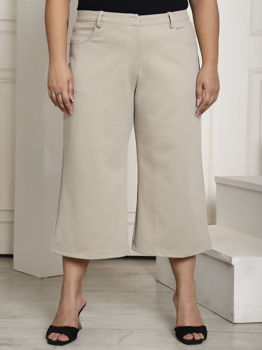 

theRebelinme Women Plus Size High-Rise Capris, Beige