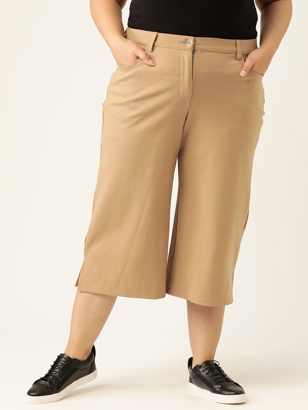 

theRebelinme Women Pure Cotton Loose Fit Plus Size Capris, Beige