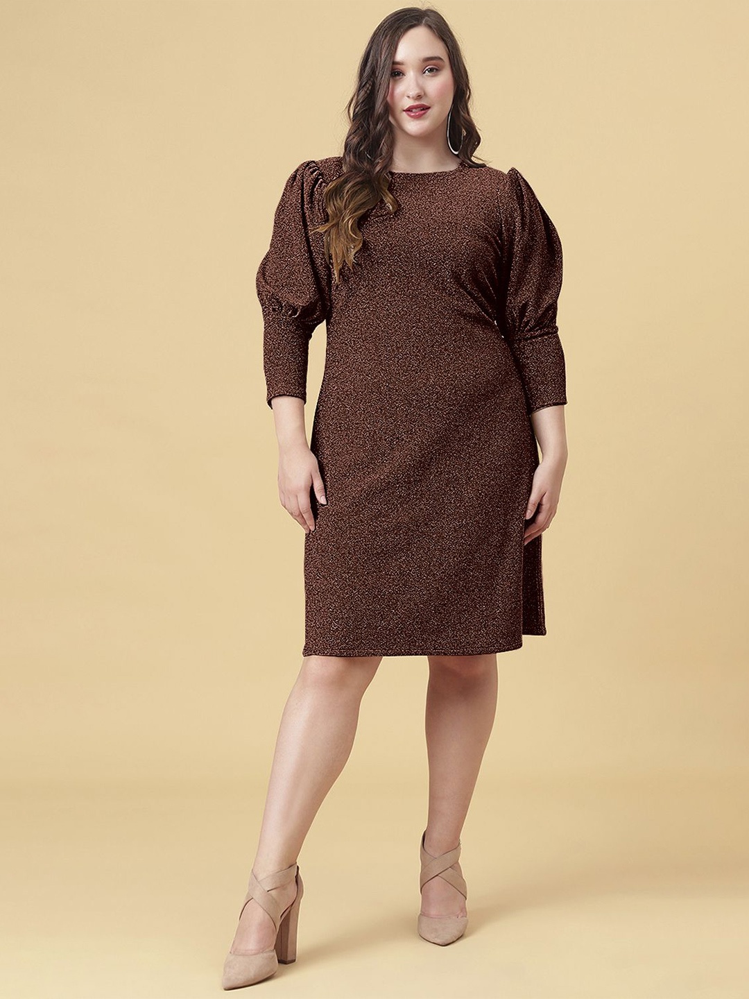 

Curvy Lane Plus Size Puff Sleeve Sheath Dress, Coffee brown