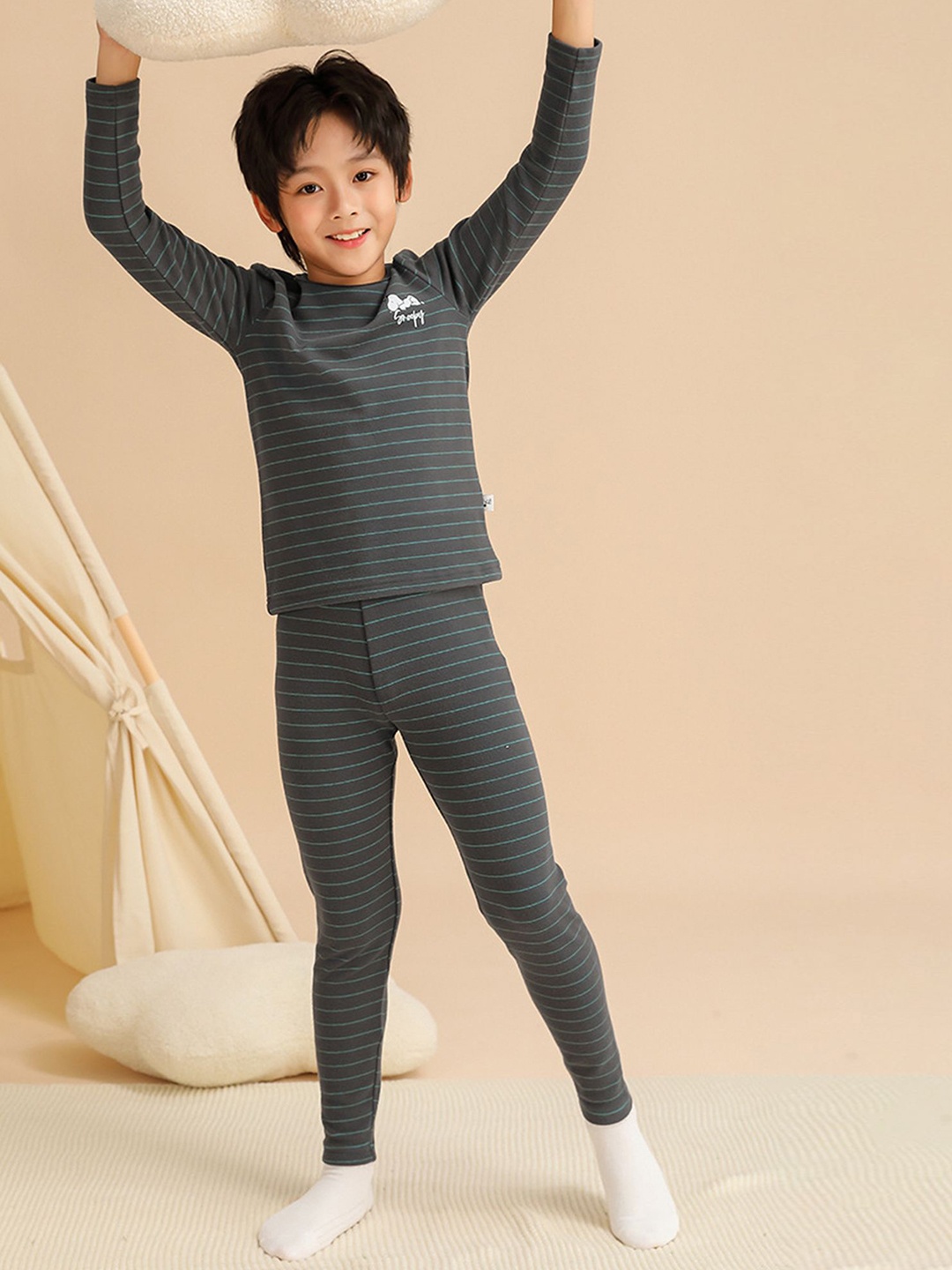 

LULU & SKY Kids Striped Night suit, Grey