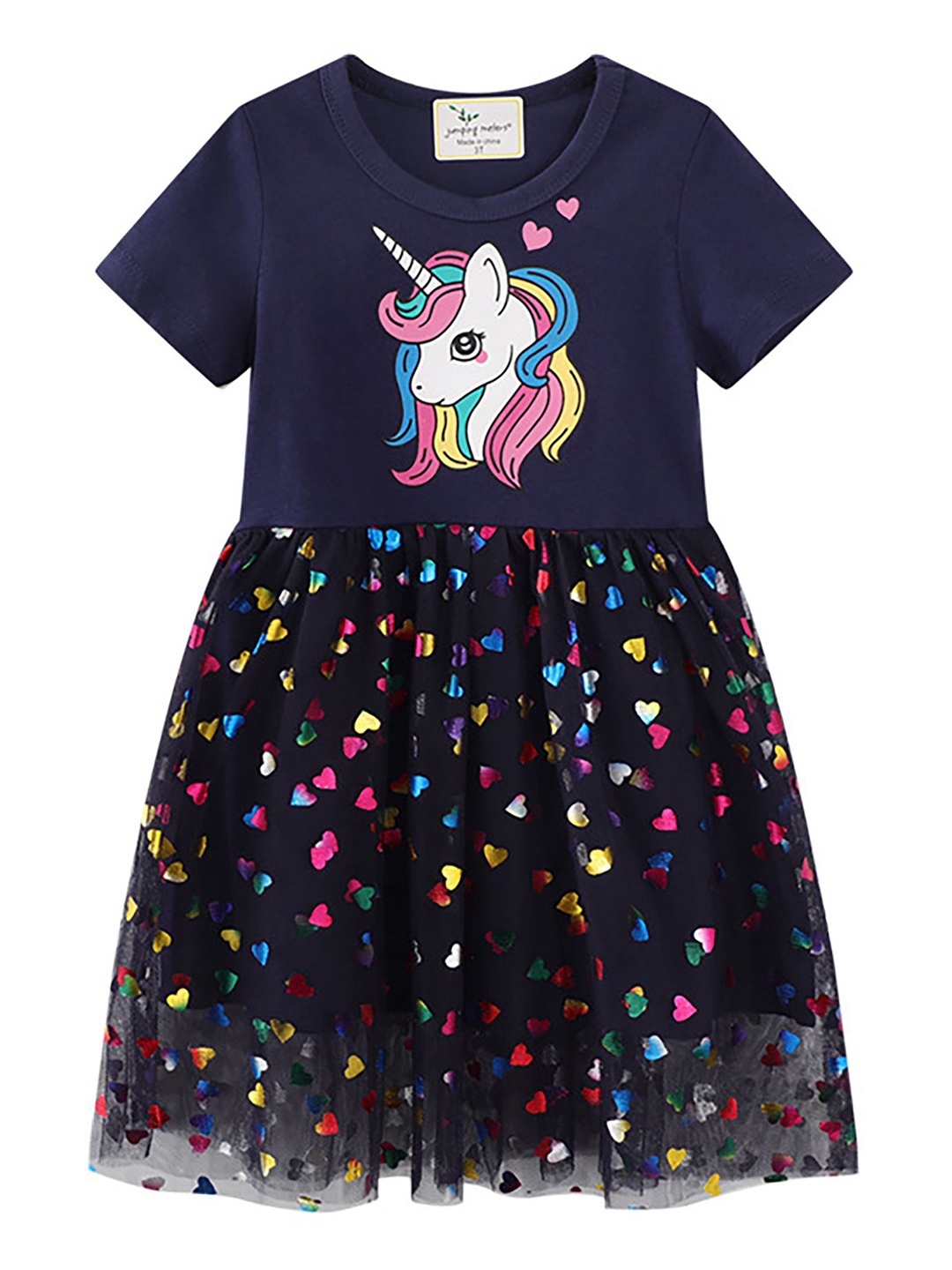 

LULU & SKY Girls Graphic Printed Net Fit & Flare Dress, Navy blue