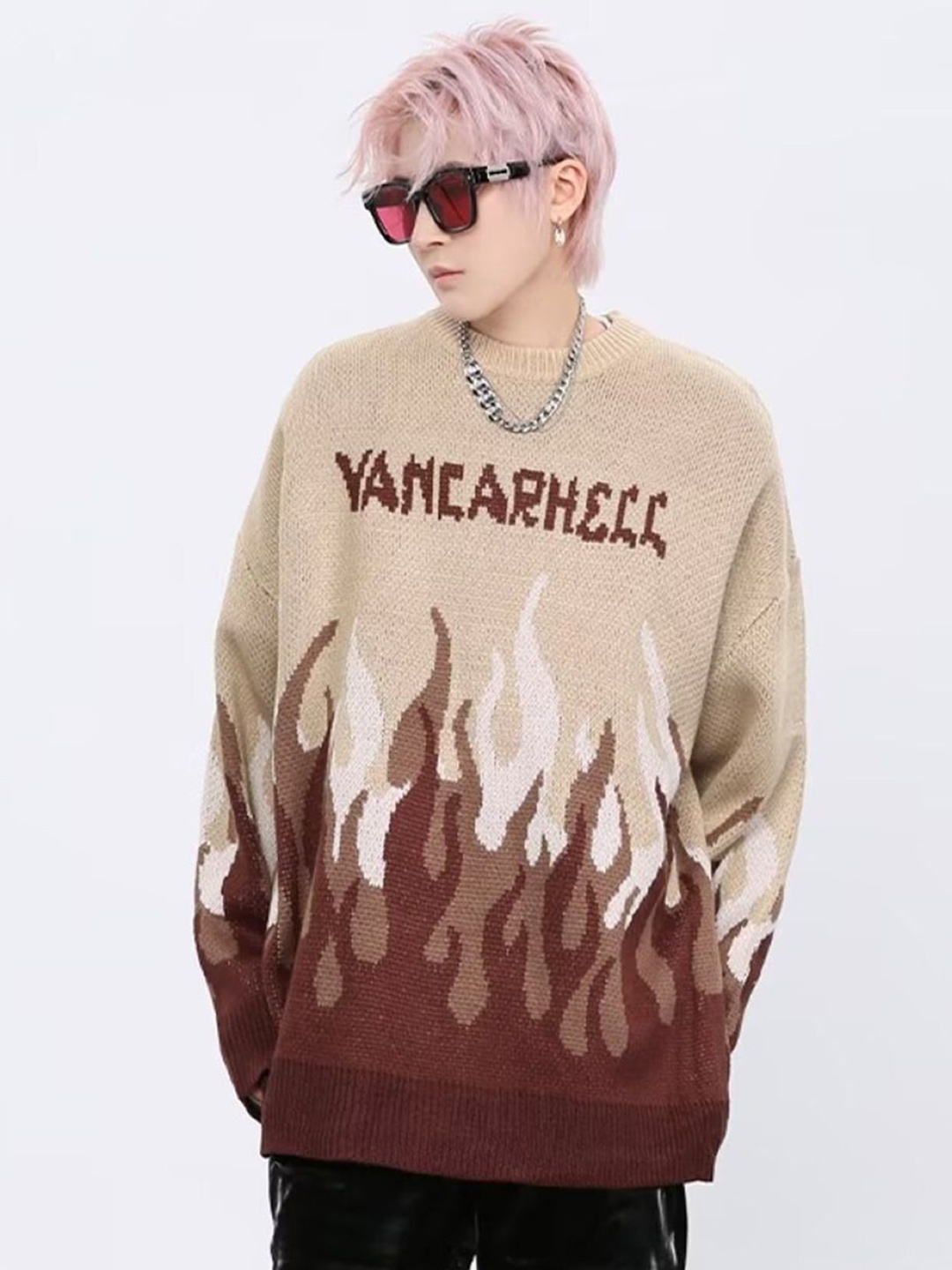 

StyleCast Men Typography Self Design Pullover Sweaters, Beige