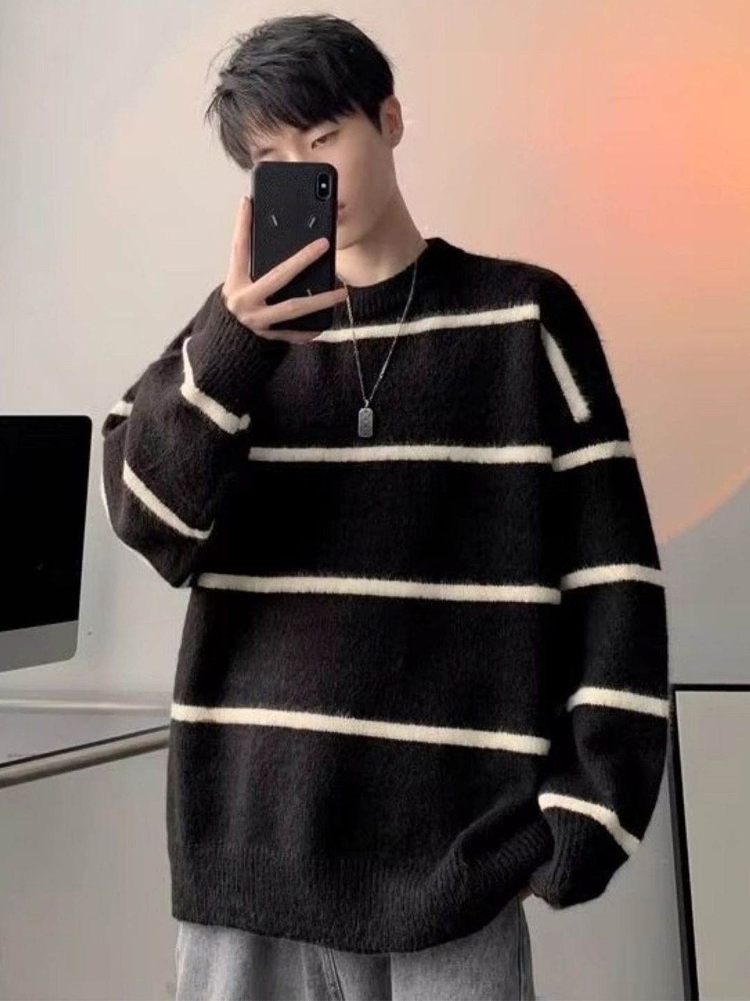 

StyleCast Men Striped Long Sleeves Pullover, Black