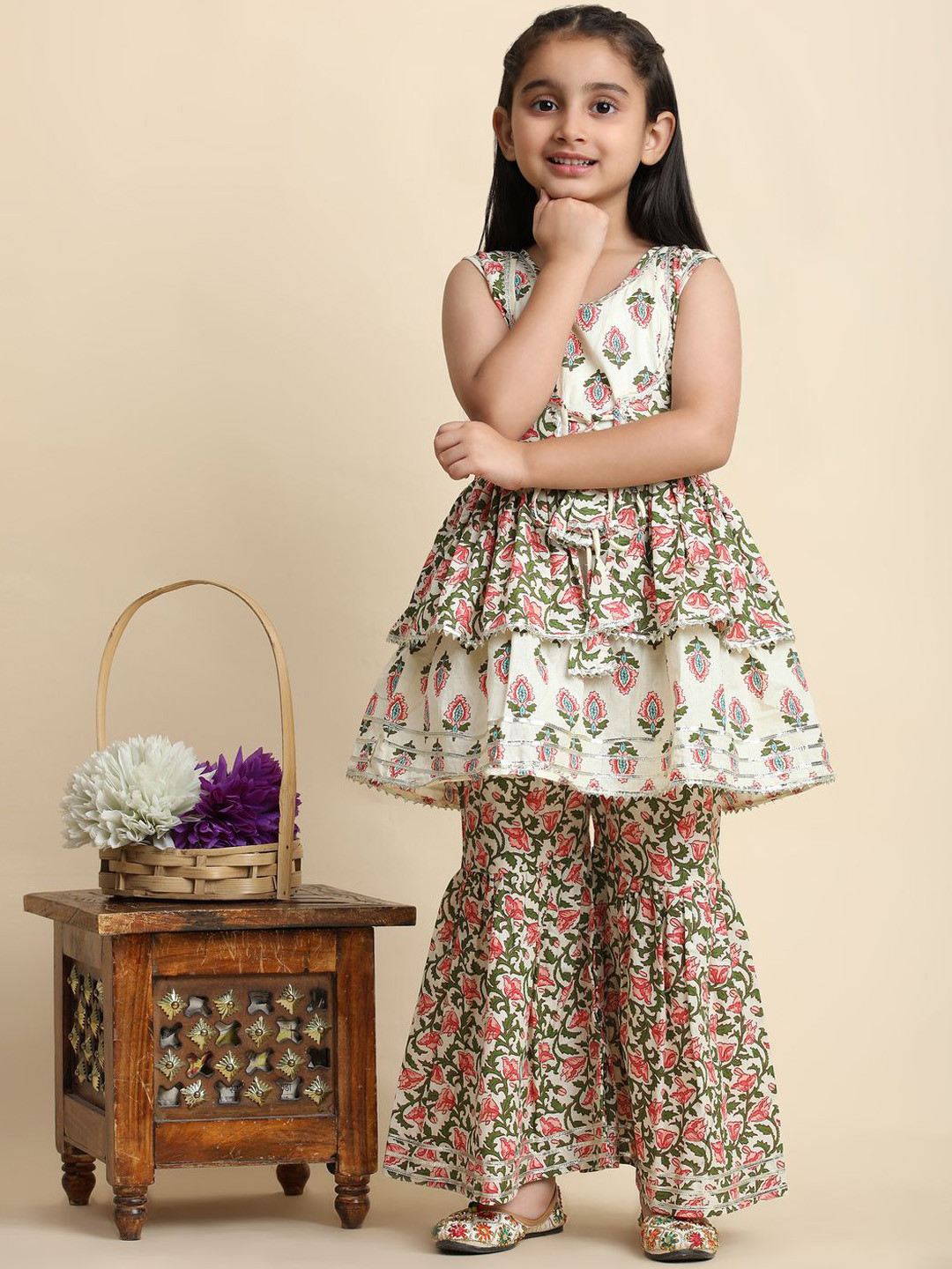 

BAESD Girls Gota Patti Work With Foil Prints Pure Cotton Kurta With Sharara, Cream