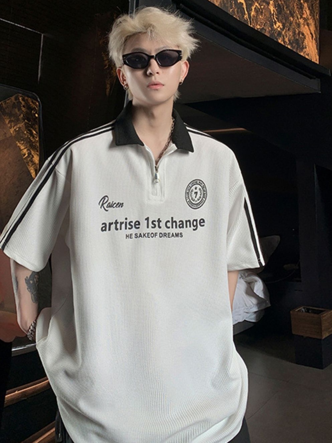 

StyleCast Men Typography Printed Polo Collar Oversized T-shirt, White