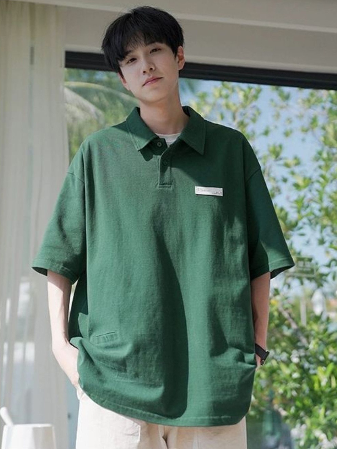 

StyleCast Men Solid Polo Collar Oversized T-shirt, Green