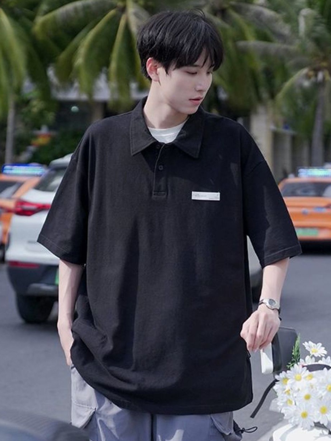 

StyleCast Men Solid Polo Collar Oversized T-shirt, Black