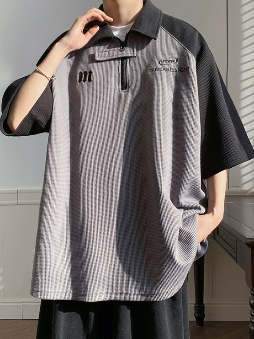 

StyleCast Men Self Design Polo Collar Oversized T-shirt, Grey