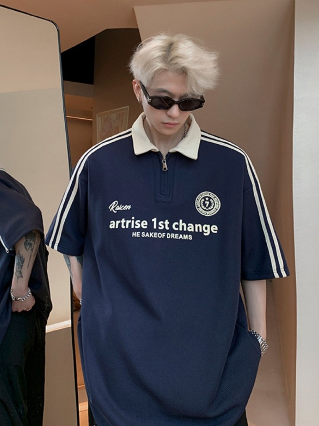

StyleCast Men Typography Printed Polo Collar Oversized T-shirt, Navy blue