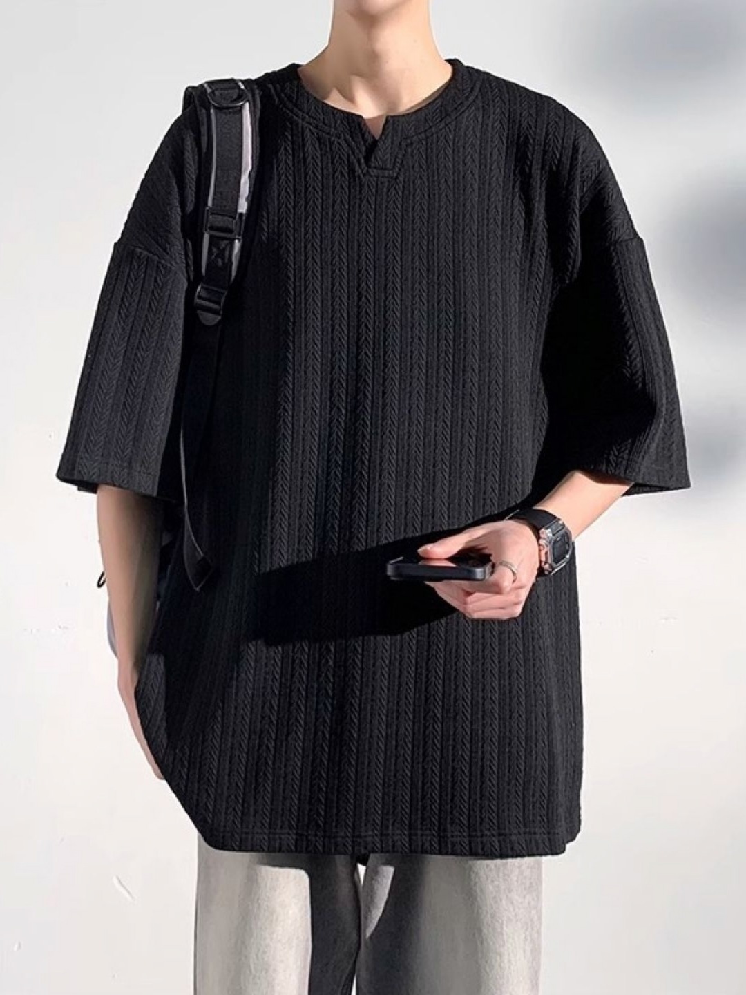 

StyleCast Men Self Design Round Neck Cotton Oversized T-shirt, Black