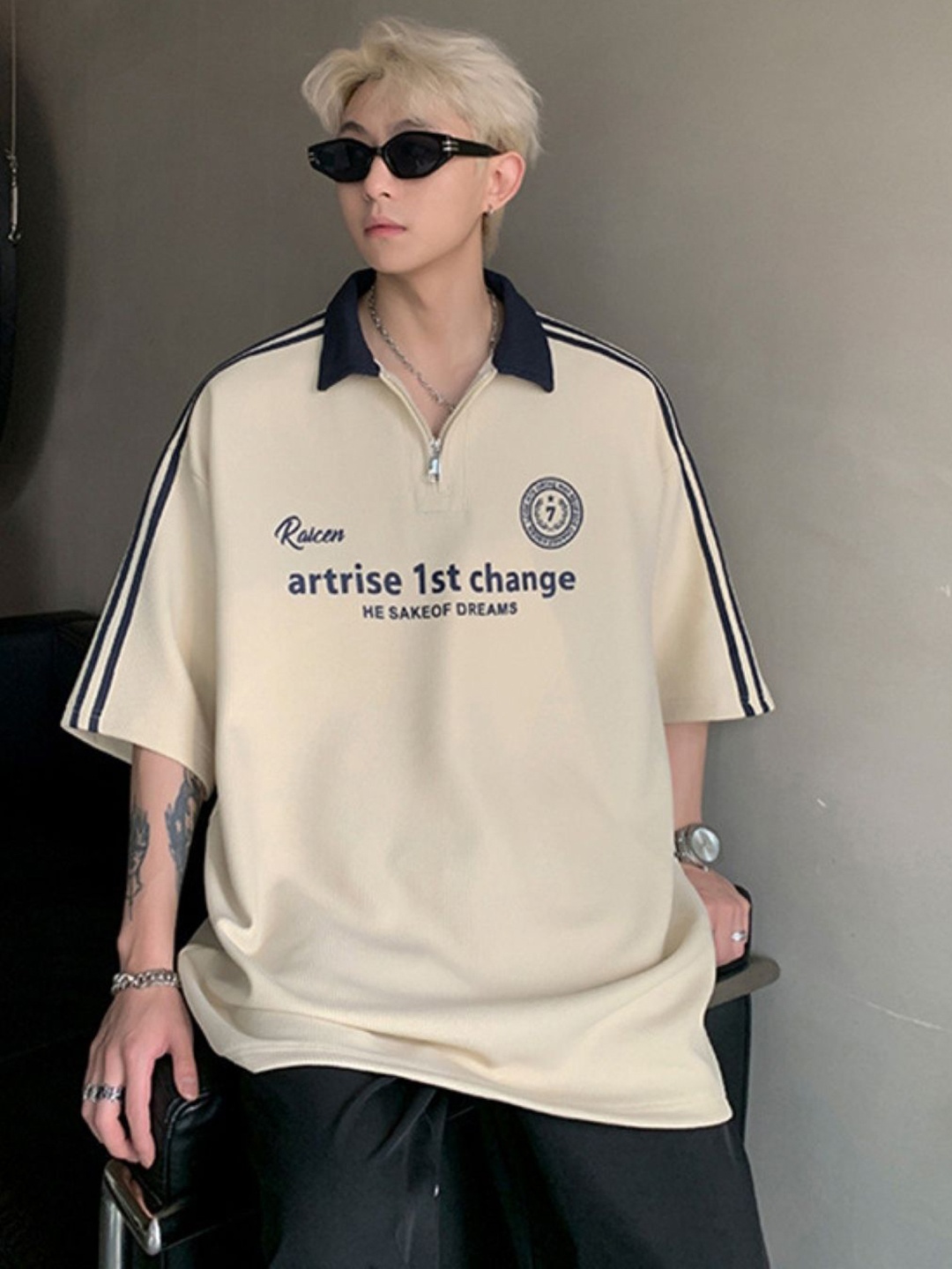StyleCast Men Typography Printed Polo Collar Oversized T-shirt, Cream