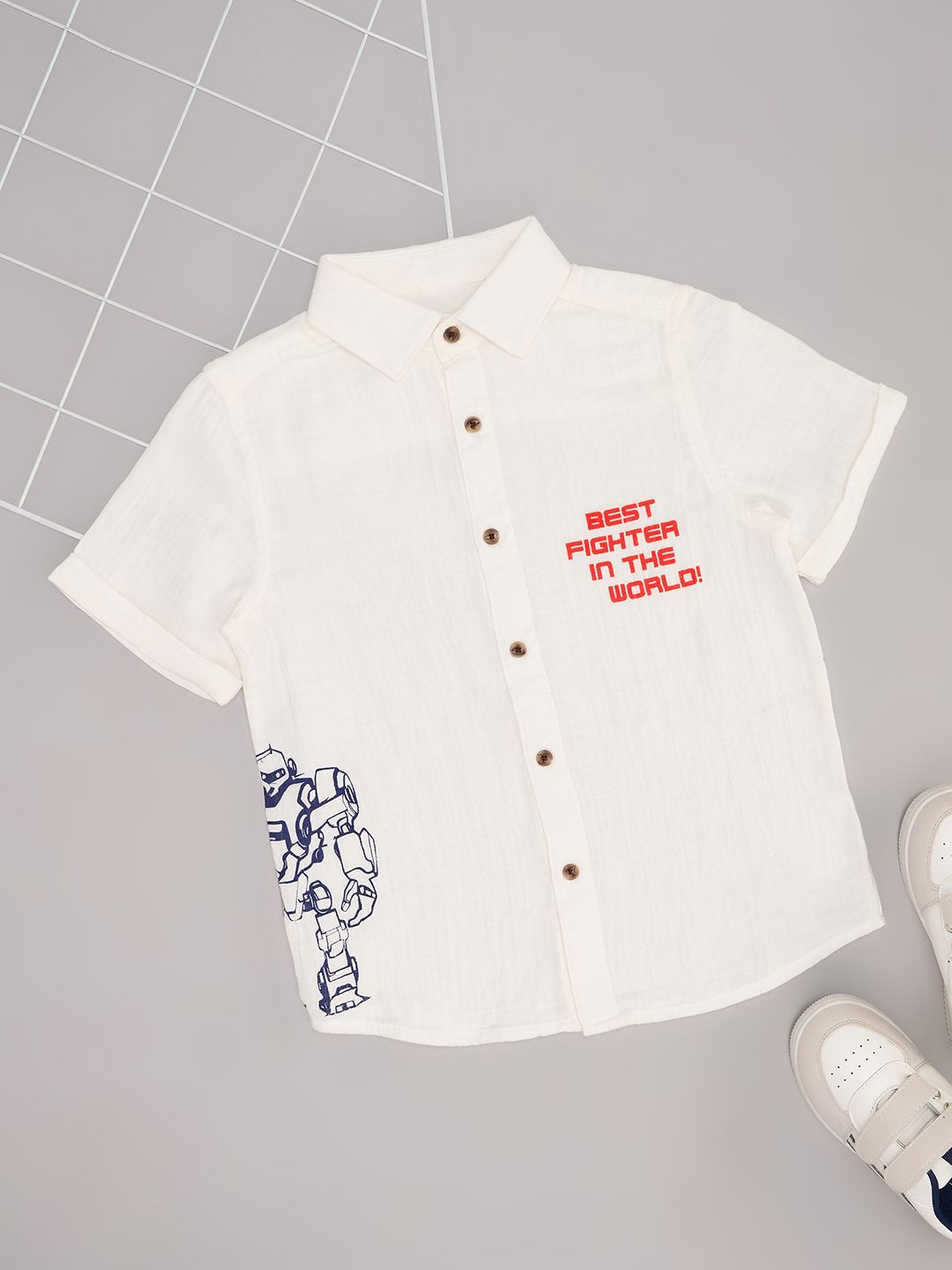 

Pantaloons Junior Boys Spread Collar Typography Printed Cotton Casual Shirt, White