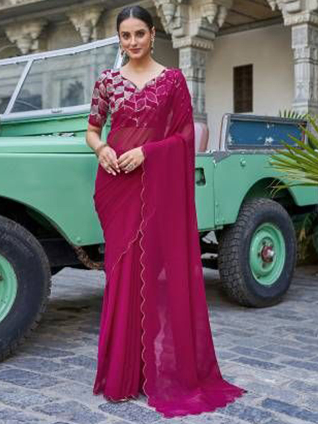 

SANJANA SILK Embellished Pure Georgette Saree, Pink